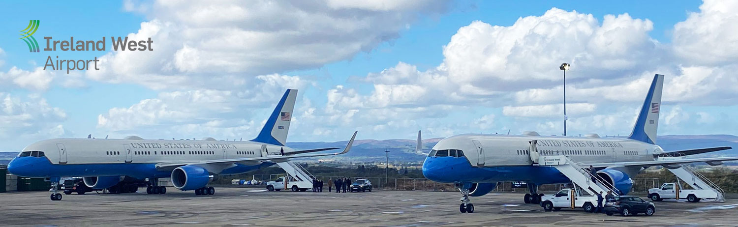 A pair of US Air Force Boeing C-32s at Ireland West Airport during President Biden visit